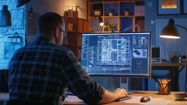 Photo a designer works on a computer carefully studying blueprints illuminated by a soft warm office light reflecting a focused and quiet workspace