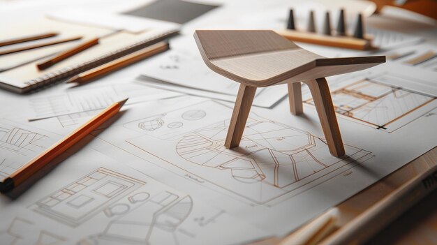 Photo designers workspace with a miniature chair prototype on architectural plans surrounded by pencils and geometric tools