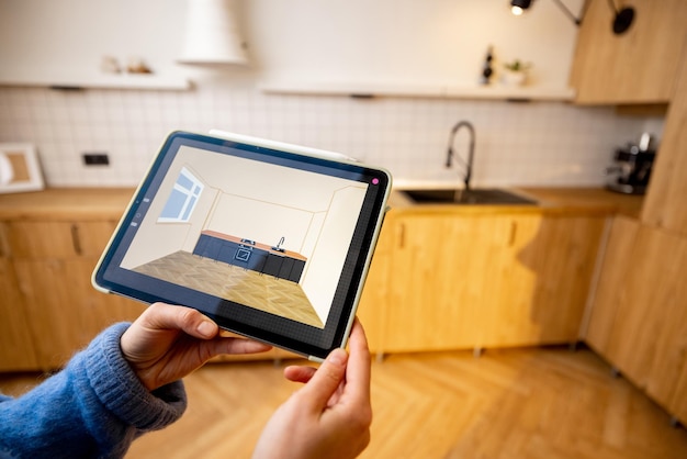 Designing kitchen space with a digital tablet