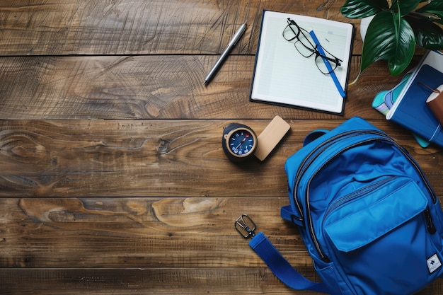 Photo desk arrangement with blue backpack