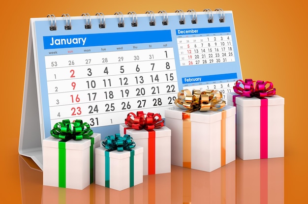 Desk calendar with gifts 3D rendering