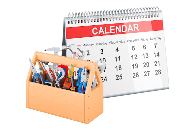 Desk calendar with tool box 3D rendering