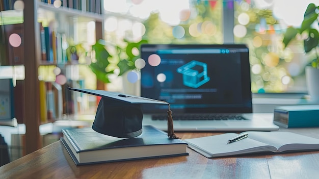 Photo a desk featuring books a laptop and a graduation cap placed on it generative ai