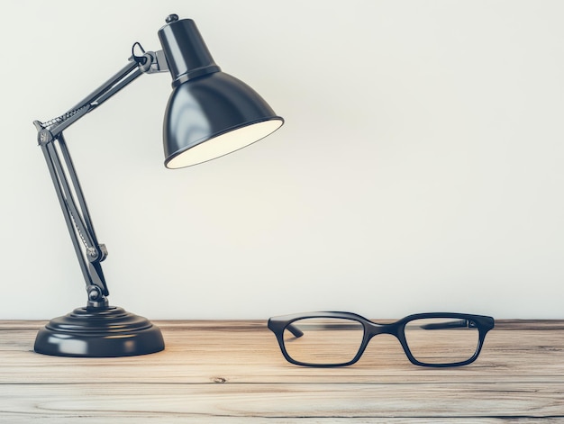 Photo desk lamp and eyeglasses on wooden table