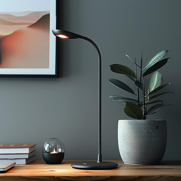 A desk lamp is on a table with a plant in the corner AI