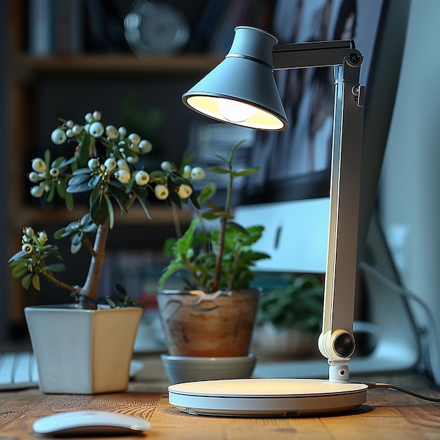 Photo a desk lamp is on a table with a plant in the corner ai