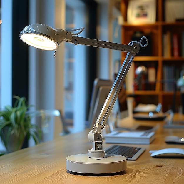 A desk lamp is on a table with a plant in the corner AI