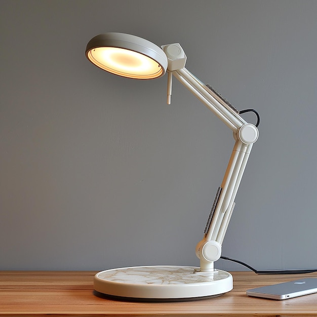 A desk lamp is on a table with a plant in the corner AI