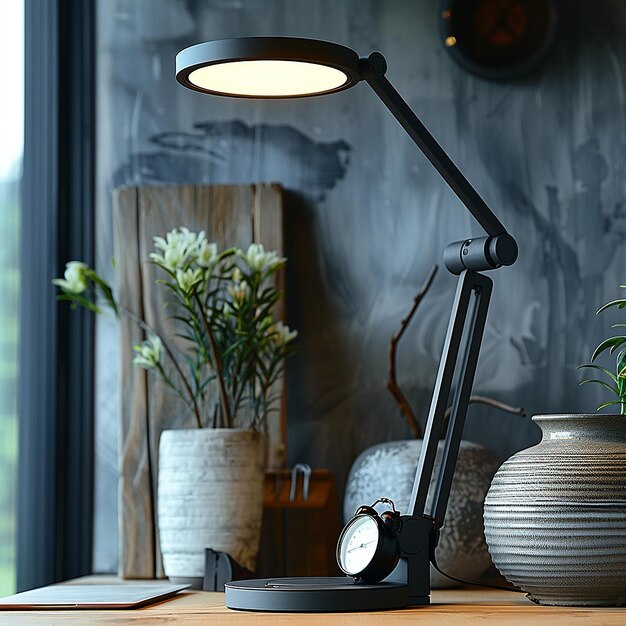 A desk lamp is on a table with a plant in the corner AI