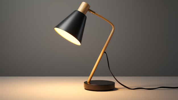 A desk lamp with a wooden base and a black shade