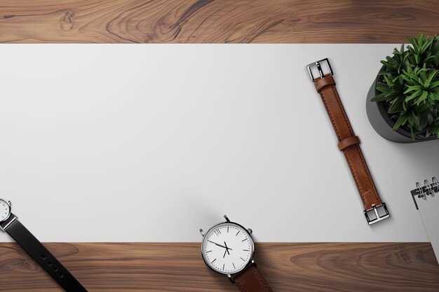 Photo desk minimal and wristwatch copy space