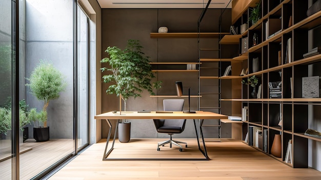 A desk in a modern office with a tree on the wall.