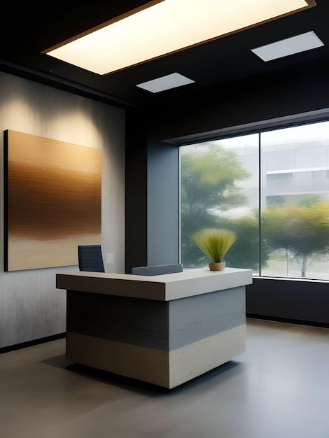 A desk in an office with a large window a modern office