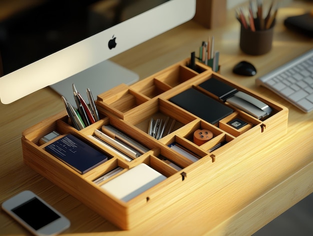 Photo desk organizer with various office supply compartments