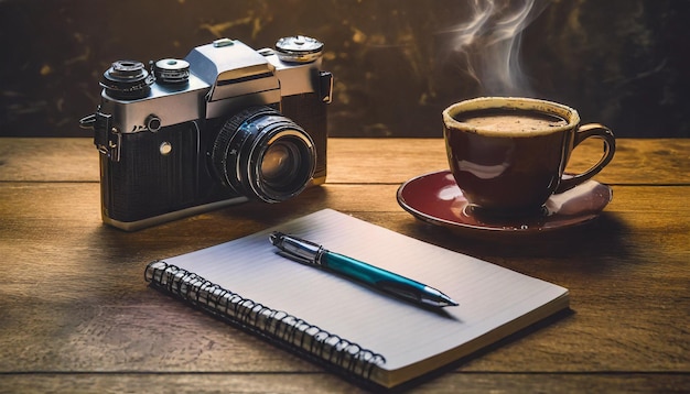 Photo desk of a photographer drinking coffee and writing