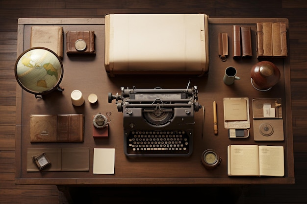 Desk supplies composition above view