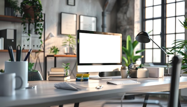 A desk with a black chair and a black desk with a laptop and a pen holder by ai generated image