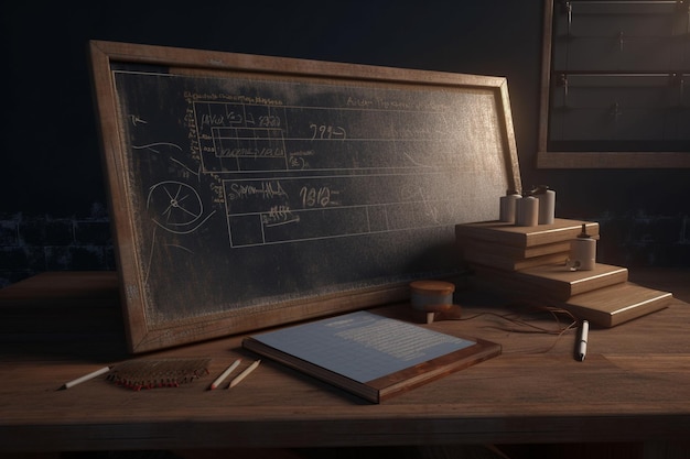 A desk with a blackboard and a book that says'the word'on it '