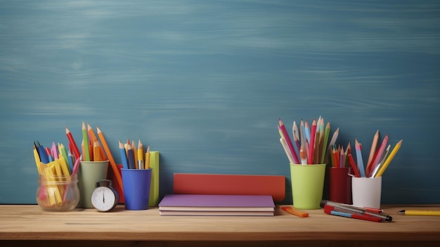 A desk with a blue chalkboard and a cup of pencils