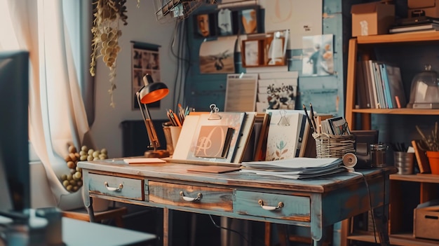 a desk with a blue table and a picture of a bird on it