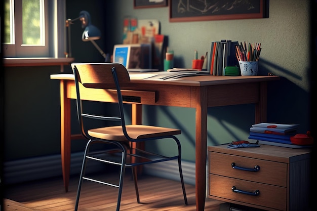 A desk with a book on it and a chair in front of it.