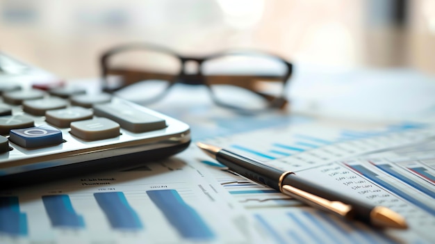 A desk with a calculator pen and glasses on top of financial reports