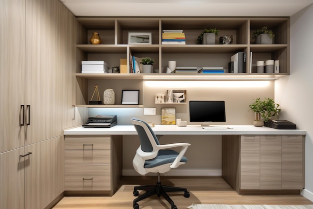 A desk with a chair and a computer on it