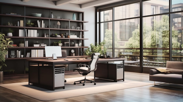 a desk with a chair that says  office