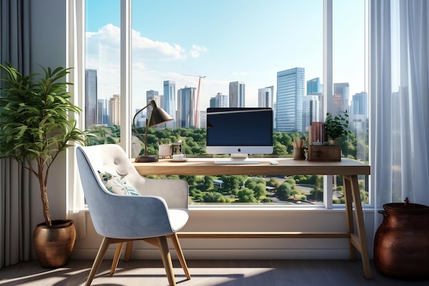 A desk with a computer and a chair in front of a window AI