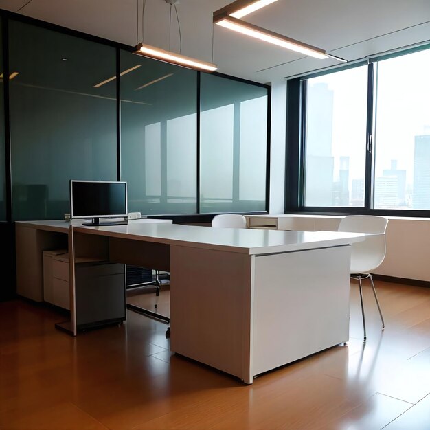 a desk with a computer and a desk with a large window behind it