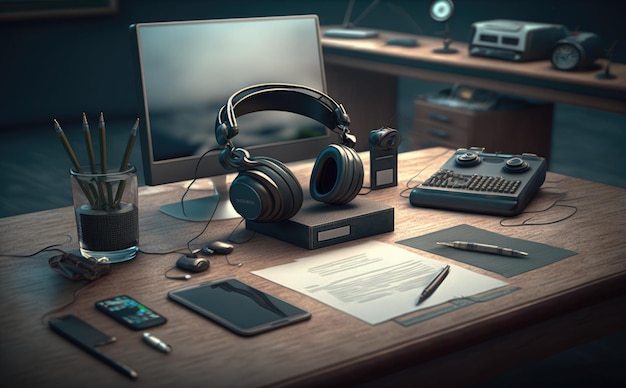 A desk with a computer, a keyboard, a pen, a pen, and a pair of headphones on it.