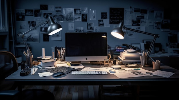 A desk with a computer and a lamp that says'i'm not a computer '