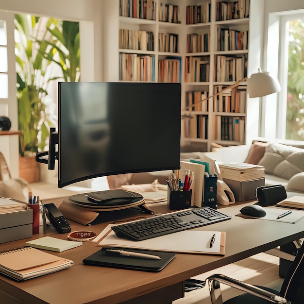 a desk with a computer monitor and a bookcase with a bookcase in the background