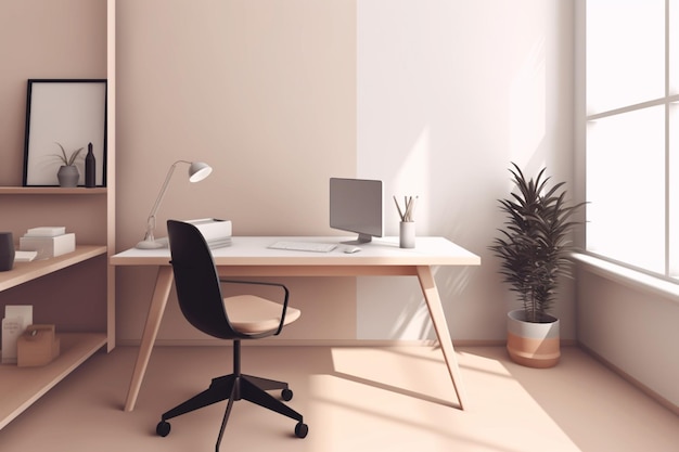 A desk with a computer and a plant on it