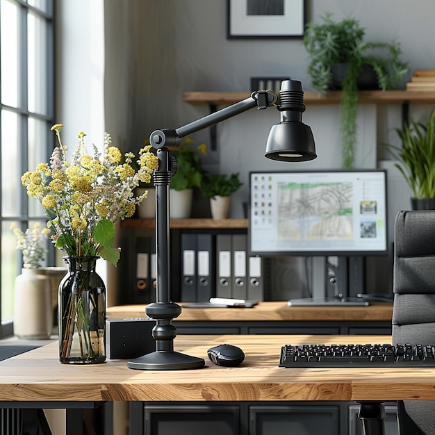 a desk with a computer and a plant on it