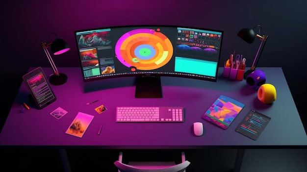 A desk with a computer with a purple light that says'game of thrones'on it