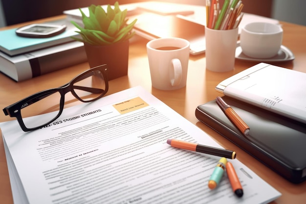 desk with documents and sticky notes and stationary AI Generated