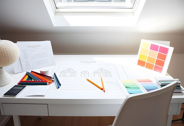 Photo a desk with a drawing of a house on it