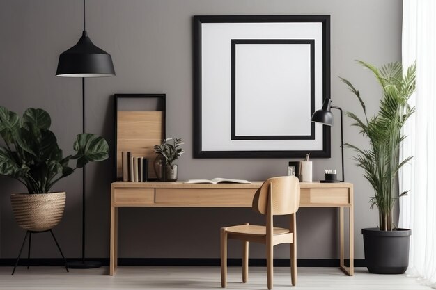 A desk with a frame on it and a plant on the wall.