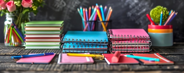 Desk with fresh backtoschool supplies and neatly arranged notebooks