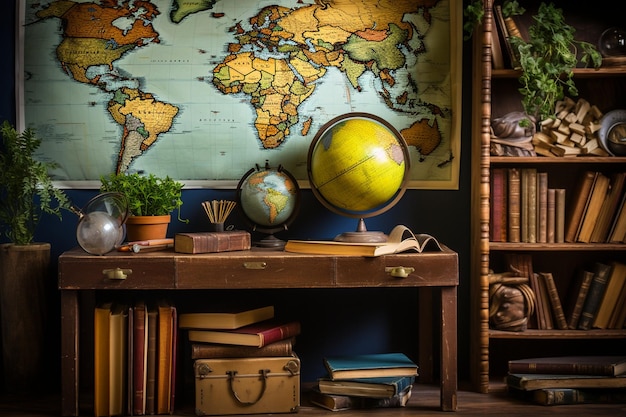 A desk with geography textbooks and maps