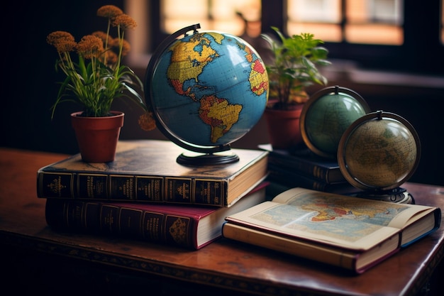 A desk with geography textbooks and maps