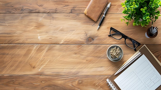 a desk with glasses a pen and a pen on it