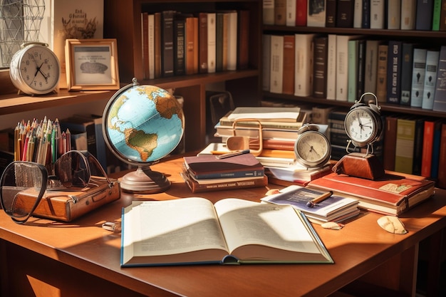 Photo a desk with a globe and books on it and a globe on the table