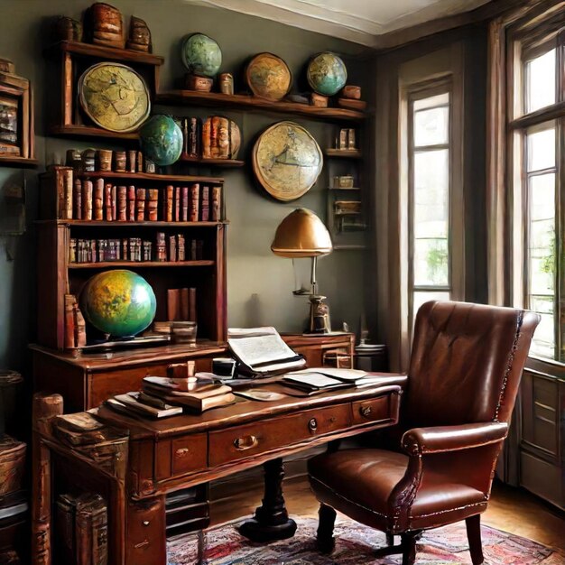 Photo a desk with a globe on it and a globe on the top of it