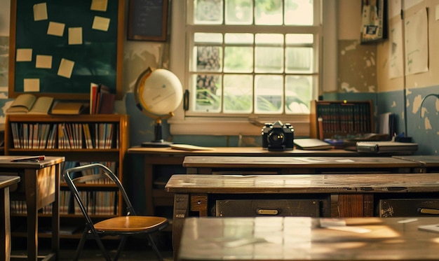 a desk with a globe on it and a map on the wall