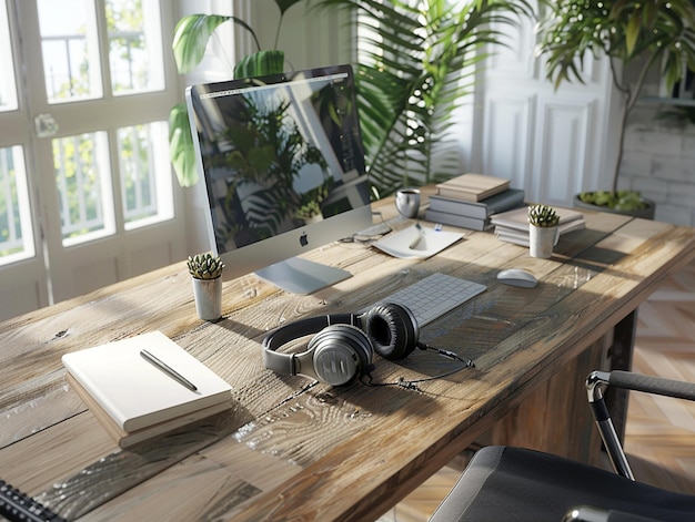 Photo a desk with headphones and a laptop on it