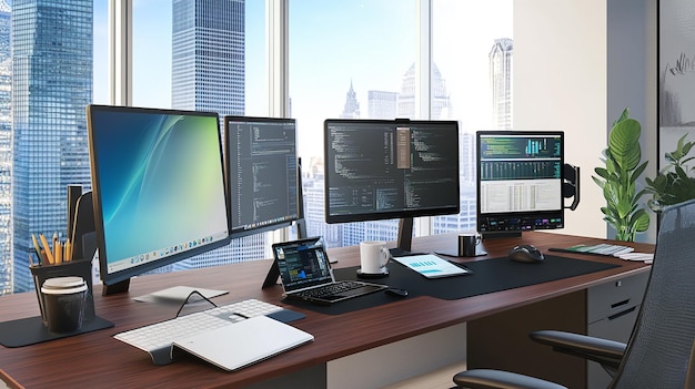 Photo a desk with a keyboard monitor and a laptop on it