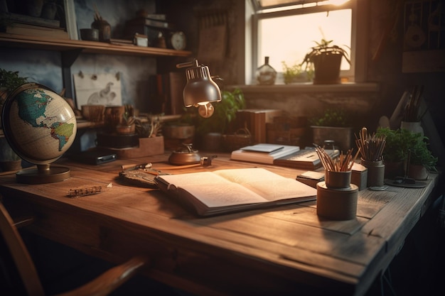 A desk with a lamp and a book on it