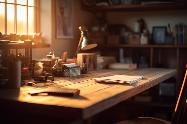 A desk with a lamp and a book on it